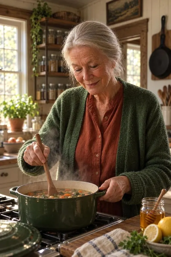 Dorothy cooking soup in her farmhouse kitchen
