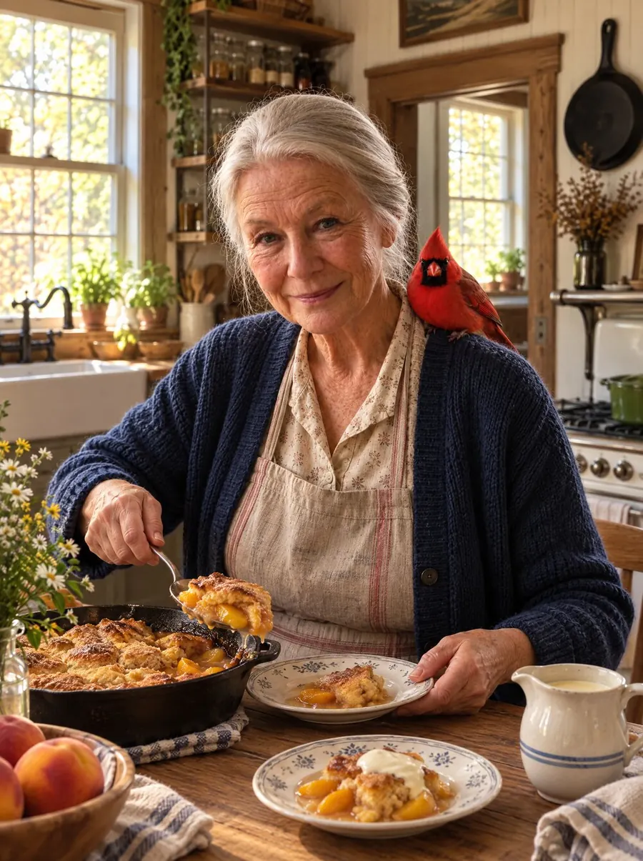 Dorothy serving a peach cobbler